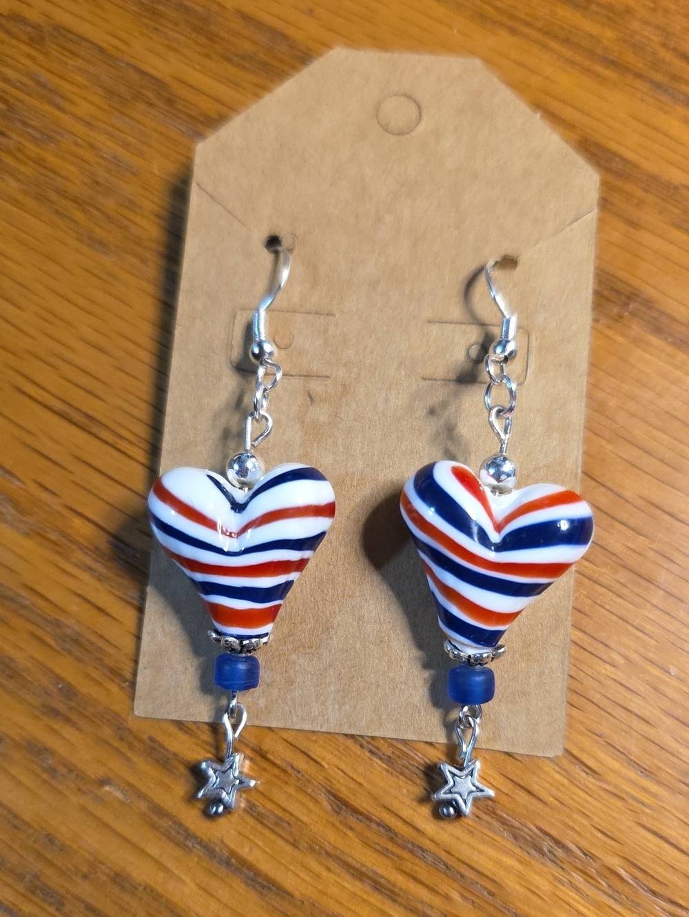 Patriotic Striped Glass Heart Dangle Earrings - Blue, Red & White
